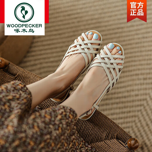 Holzspecker Leder Römisch gewebte Sandalen für Frauen im Sommer flacher Sohle Soft Sohle Französisch Retro Frauen weiß niedrige Absätze hohlen Fischmundschuhen aus Weiß 37 37