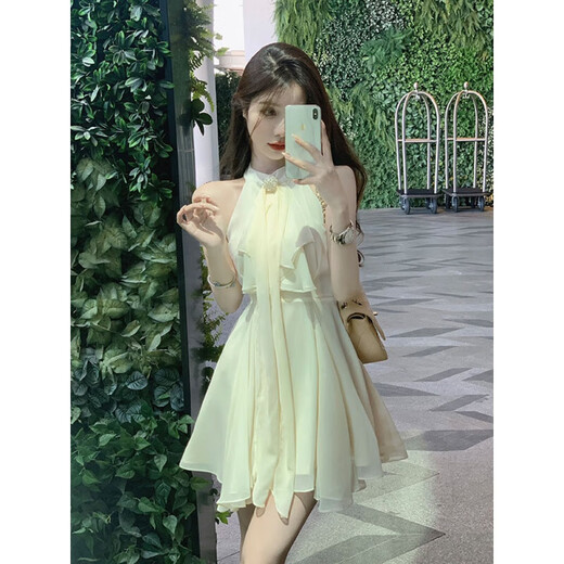忆静萱（YIJINGXUAN）法式名媛不规则收腰无袖雪纺连衣裙女夏季2025新款性感挂脖短夜店 杏色连衣裙 XL 【115一125斤】