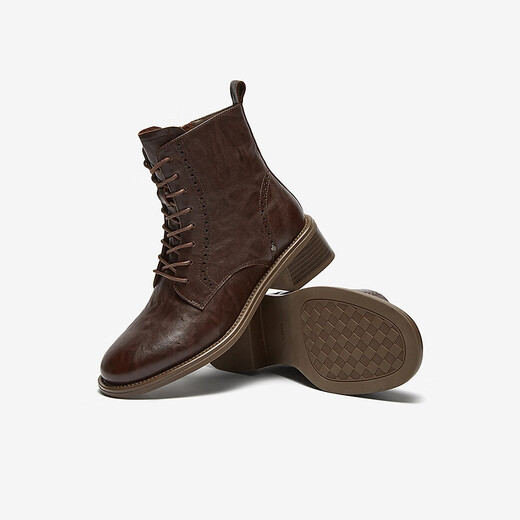 Bota Martin Bottes pour l'hiver pour femmes Nouvelles vaches de vache britannique Cowhide Texture à talon épais Bottes courtes 48017dd4 Brown 38 de la Saint-Valentin chinois 38