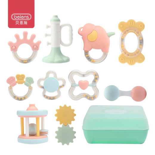 Bainshi baby toys 0-1 years old baby toys newborn hand rattle teether soothing toys can be boiled and sterilized 10-piece set B270 [with storage box]