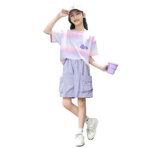 
NICKYBABY Girls Short Sleeve Set Summer Thin Children 2025 New Quick-Drying Sportswear Children's Clothing Two-Piece Set Summer Clothing 10 Years Old 9922 White + 18442 Purple 150 cm