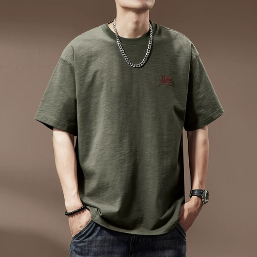 后探夏季透气300g重磅竹节棉t恤男橄榄绿刺绣短袖纯棉抗皱宽松男装潮 橄榄绿 2XL（160-180斤）