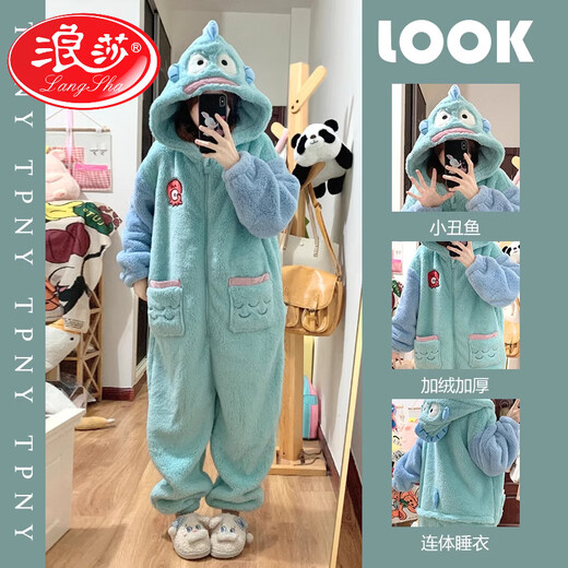 LangSha winter one-piece pajamas for women, cute cartoon rabbit hooded coral velvet and thickened warm flannel home clothes, clown fish one-piece pajamas, L size 100Jin Jin is equal to 0.5kg -120Jin Jin is equal to 0.5kg
