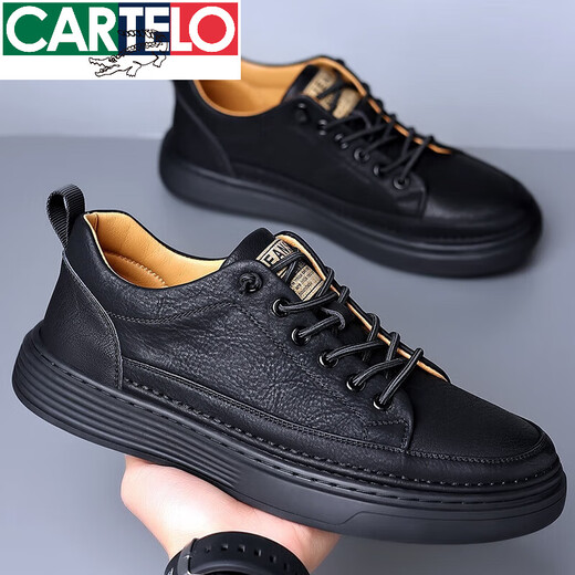 卡帝乐鳄鱼轻奢高档男鞋新款潮2022秋冬季真皮透气软底男士休闲皮鞋低帮百搭运动板鞋黑新品 GX6622黑色四季款 42