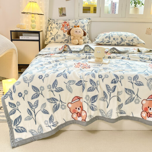 Red Bean Blanket Thick Autumn and Winter Single Bed Office Sofa Plush Single Blanket Milk Velvet Nap Blanket Plus Velvet Blanket Pad Blue Leaf Bear Double-sided Velvet/Treadable and Coverable 70*100cm Single Baby Blanket