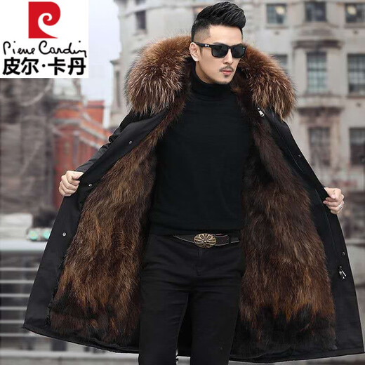 Pierre Cardin Parker Men's Winter New Mid-Length Fur All-in-One Coat with Removable Raccoon Fur Liner Fur Jacket Brown Liner-Mid-Length M No. 165 100Jin Jin is equal to less than 0.5 kg