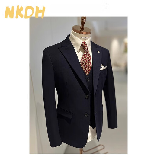 NKDH luxury brand suit suit men's autumn and winter wedding dress business casual formal dress groom's slim style three-piece suit XF601 navy blue (suit + vest + trousers) 2XL