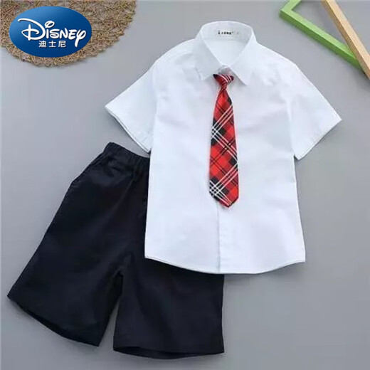 迪士尼（Disney）儿童白衬衫黑裤子男童演出服套装夏季短袖薄款衬衣短西裤两套 男短袖+藏青中裤+纯藏青领带 160 cm