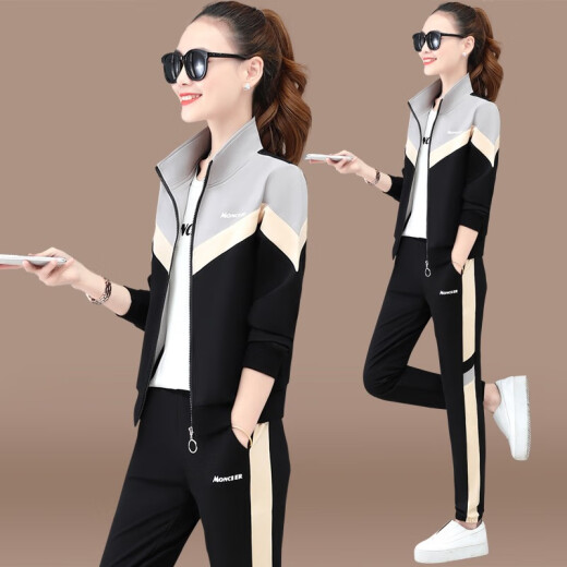Ikain Sports Suit Women's Spring 2021 New Korean Style Fashion Three-piece Stand-up Collar Running Casual Sportswear Large Size Women's Jacket Versatile Western Style Spring Clothes Loose Sweatshirt Trendy Gray/Black Women-XL Recommended Weight 113-123Jin [Jin is equal to 0.5 kg]