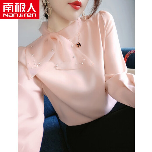 Antarctic long-sleeved shirt for women 2021 Korean new spring organza bow collar super fairy white shirt for women NRE244-8266-pink M