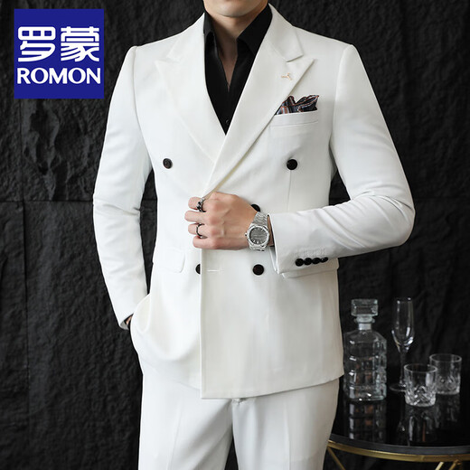 ROMON white double-breasted small suit men's suit Korean version slim casual high-end suit jacket groom wedding dress white two-piece set XL