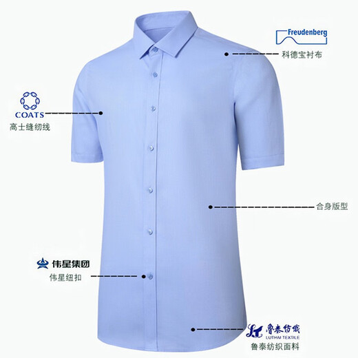 啄木鸟纯棉DP免烫蓝色男士短袖衬衫夏季新款商务休闲正装职业工装白衬衣 短袖款3923淡蓝 39
