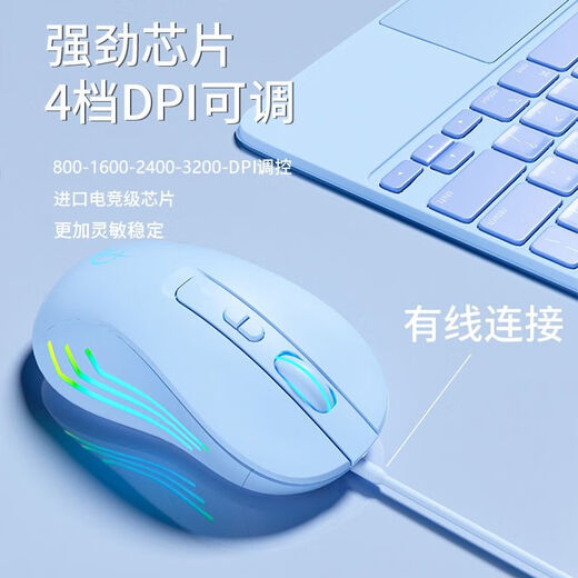 剑圣一族有线鼠标静音鼠标电竞游戏鼠标自定义宏男生女生通用适用华硕天选笔记本电脑台式通用带侧键 G800 天空蓝【基础3键-滚轮炫光-1600dpi】