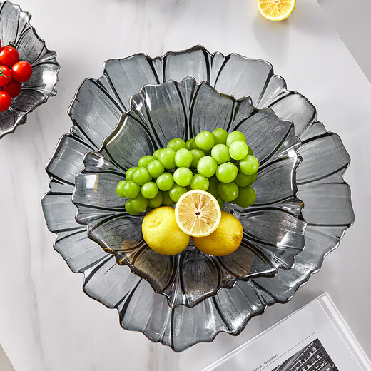 Yagang household glass fruit plate, living room coffee table, high-end plate, exquisite and beautiful crystal large high-end snack plate (large size) smoky gray fruit plate