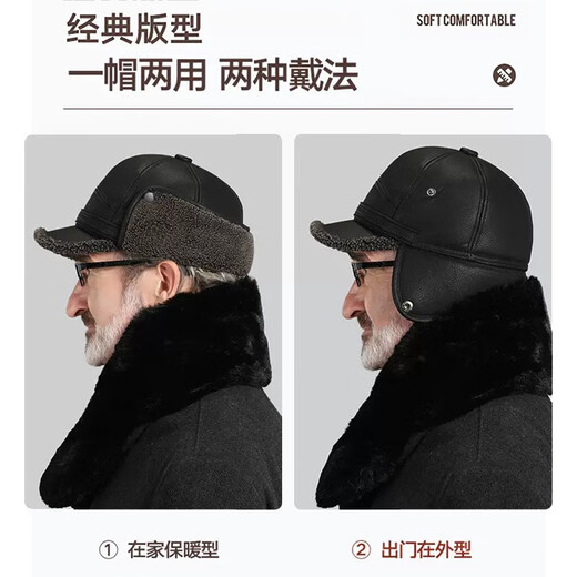 Woodpecker middle-aged and elderly hat men in winter with velvet thickened warm dad grandpa old man leather hat windproof ear protection baseball cap black [gift box] + scarf One size One size [collect and purchase priority delivery]