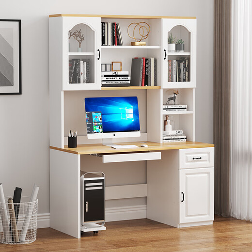 Lifanju computer desk desktop household solid wood desk bookcase combination desk bookshelf integrated study table modern simple table warm white/environmentally friendly particle board 0.9 meters long*0.5 meters wide/no door style