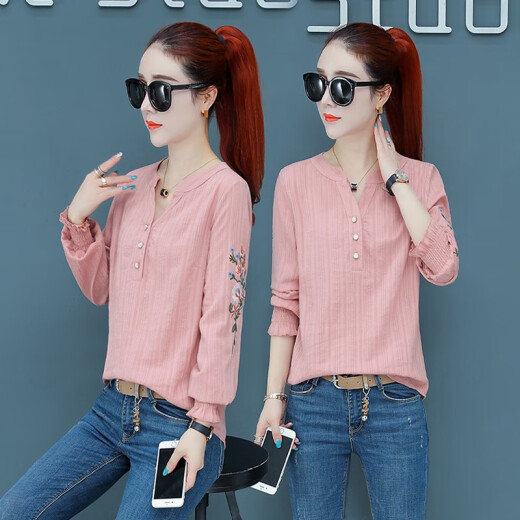 Vichytu shirt women's long-sleeved 2021 spring new Korean style tops, stylish loose shirts, belly-covering shirts for women, trendy pink M