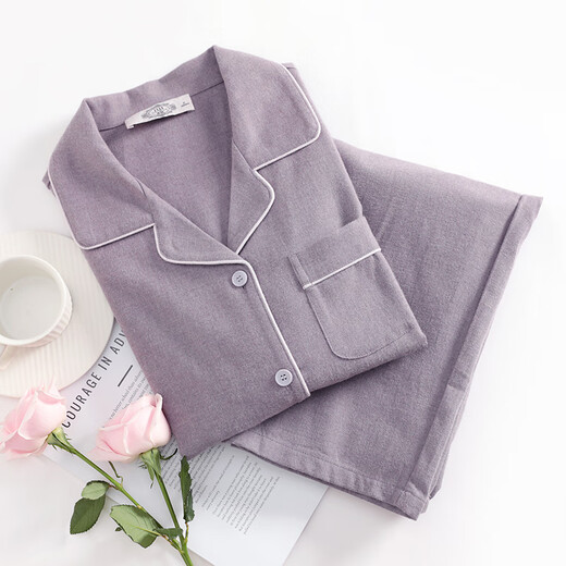 American Standard gives your lover new long-sleeved couple pajamas pure cotton suit for women spring and autumn pure cotton casual simple home wear for men misty purple M