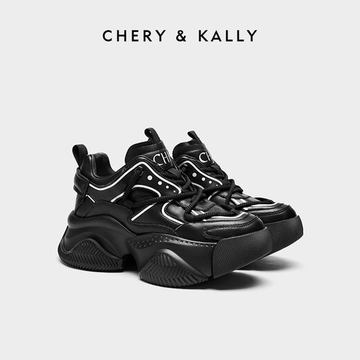 CHERY KALLY official website light luxury thick sole trendy design genuine leather dad shoes for women spring and summer new versatile sports shoes for women CHERY&KALLY black - increased by 6.5cm 38