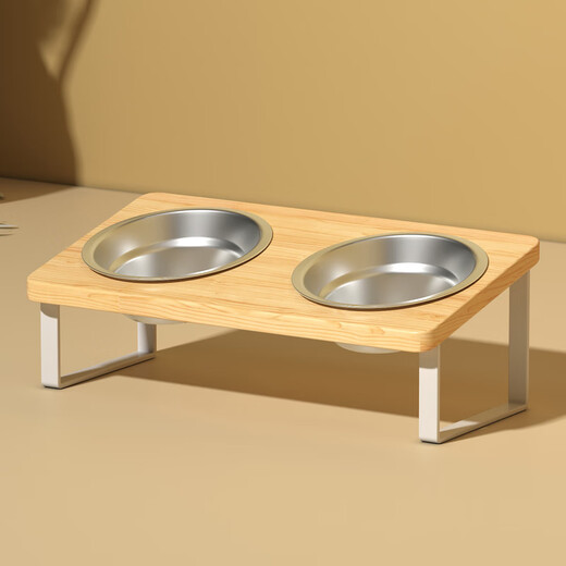 Cat bowl, cat food bowl, dog bowl, cervical vertebra protection, pet cat food bowl, cats are not easy to prevent from overturning, rice bowl and water all-in-one 304 double bowl (including solid wood bowl rack) white base 304 food grade-15 cervical vertebra protection - solid wood