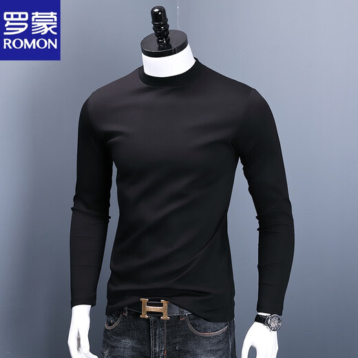 ROMON half turtleneck bottoming shirt for men with slim fit mid-collar mercerized cotton top bottoming T-shirt long-sleeved thin sweatshirt black L 125-140Jin Jin equals 0.5 kg