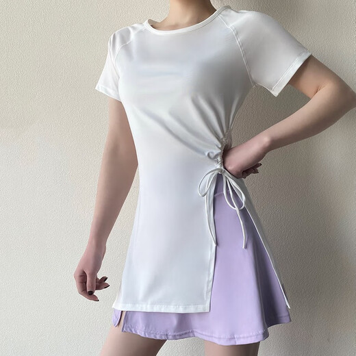 福星运瑜伽上衣短袖女宽松遮臀收腰显瘦中长款速干衣跑步运动健身服T恤 DX983LD灰蓝色 M