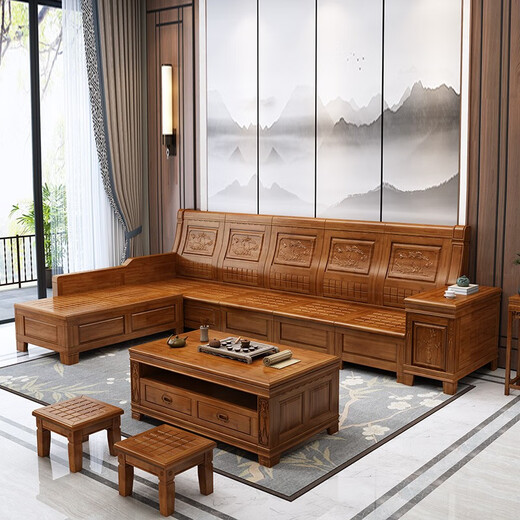 Xiaomuwo (XIAOMUWO) sofa camphor wood solid wood sofa corner with storage function Chinese style carved imitation classical sofa living room independent four seats (including cushions)