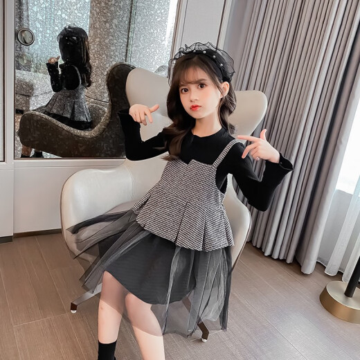 Marco Bear children's clothing girls' suit skirt spring style plaid two-piece suit skirt Korean version mesh children's spring medium and large children's style girl QY03969 black 140 (recommended height 135cm)