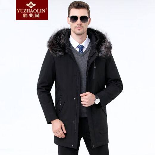 Yu Zhaolin high-end light luxury nikk men's parka coat men's medium-length rex rabbit fur liner American raccoon fur collar casual warm jacket black 170