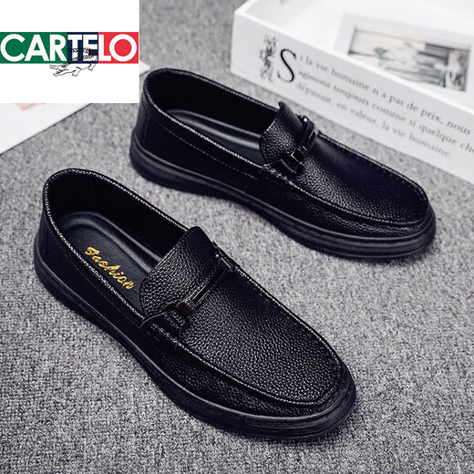 Cartelo Trendy Brand Summer Herrenschuhe Herren schwarze Lederschuhe Herren ein Fuß dicker alleiner Bohnenschuhe Britische Freizeitschuhe formelle Geschäfte 9905 Black 39