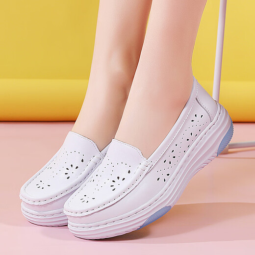 
Xuantushi nurse shoes women's single shoes rocking shoes soft sole breathable thick sole sponge cake shoes casual work shoes summer white shoes women 9925 white hollow 39