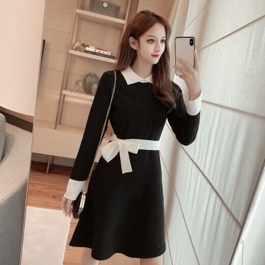 KuoyiHouse knitted dress 2020 autumn and winter style bow small fragrant style long-sleeved a-line skirt slim fit XNMK1055 black one size