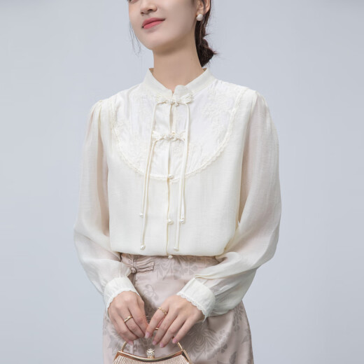 La Chapelle New Chinese Shirt Women's 2024 Spring and Summer New Heavy Industry Embroidered Stand Collar Top Spring and Summer Women's Versatile Long-Sleeved Shirt Apricot S