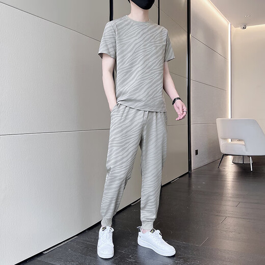 NASA RHUDE夏季冰丝短袖T恤运动套装男潮牌男装套装潮流休闲男夏天衣服夏装 719卡其(短袖+长裤) M (90-115斤)