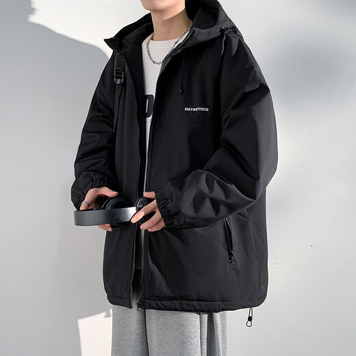 Dingfengbaoluo American cotton jacket men's autumn and winter casual cotton jacket thickened windproof hooded warm cotton jacket DFM18 black L