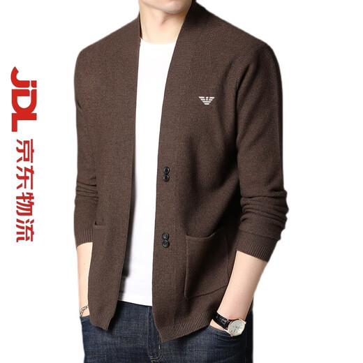 FALAMONE high-end no-iron Asian men's wool cardigan V-neck solid color Korean style fashion casual knitted cardigan men's jacket trend brown 7725 M 165