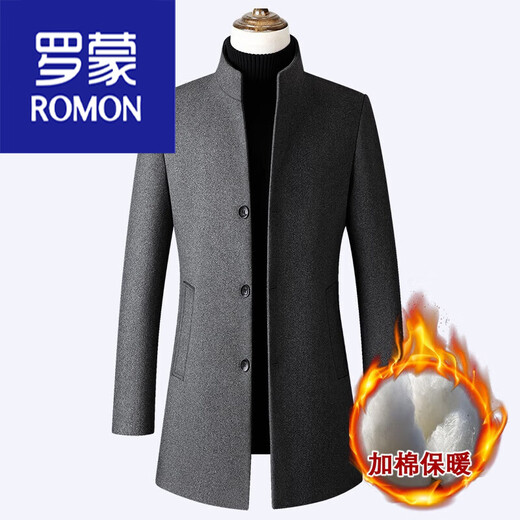ROMON autumn and winter windbreaker men's woolen woolen coat men's medium-length British woolen coat Korean version slim fit stand-up collar trendy black/stand-up collar plus cotton plus. Thickness 9002 L /175 recommended 135Jin Jin equals within 0.5 kg