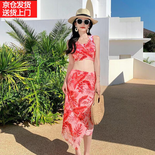 广月蓝2023泳衣女仙气比基尼bikini分体三件套保守显瘦遮肚性感温泉泳装 26001蓝色 XL （适合110-120斤）