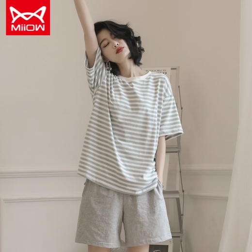 Catman Miiow 2023 New Pure Cotton Pyjamas für Frauen im Sommer kurzärmelig dünn gestreiftes Freizeitkleidungsanzug Zitronengelb A9885 L (100-120jin [Jin ist 0,5 kg])