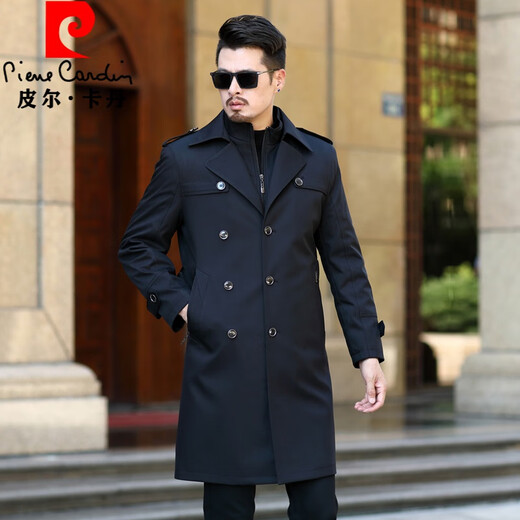 Pierre Cardin autumn and winter new style young and middle-aged long over-the-knee removable liner windbreaker men's suit collar business casual high-end jacket black 3XL