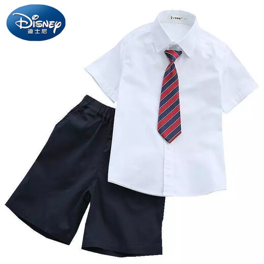 迪士尼（Disney）儿童白衬衫黑裤子男童演出服套装夏季短袖薄款衬衣短西裤两套 男短袖+藏青中裤+纯藏青领带 160 cm