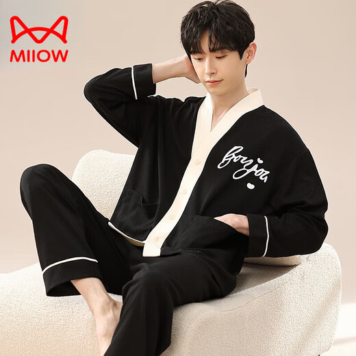猫人（MiiOW）纯·棉男士睡衣春秋季新款长袖大码款外穿运动开衫家居服套装 LS1278开衫套装 男L【建议100-120斤】