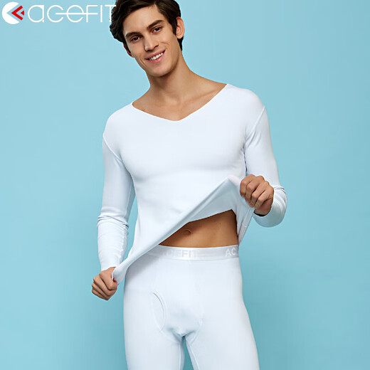 ACEFIT thickened modal cotton men's thermal underwear V-neck suit slim and seamless autumn clothes and long pants 318-white XL
