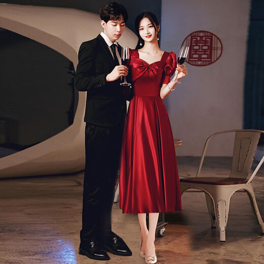 SAIDELE Satin Toast Wear Bridal 2025 New Wedding High-end Light Luxury Engagement Evening Dress Women's Red Summer Burgundy Mid-Length Style M (Recommended 96-105 Jin Jin is equal to 0.5 kg)