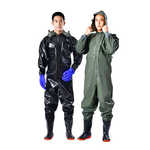 Thickened full-body waterproof one-piece waders, water shoes, fish-catching rain pants, fully enclosed raincoat, breathable lotus root suit, water fork pants, black knitted fabric full-body cuffs, 85 silk, 42 shoe size