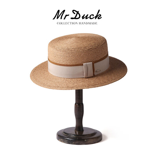 Mr Duck rétro français romance importée Raffia Chapeau plate plat pour les femmes Protection solaire élégante top chapeau femmes Big Head MS46393-Light Brown / Michi Double-Piece Webbing L (57-58cm)