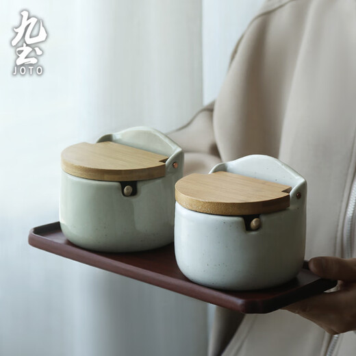 Jiutu retro seasoning jar, salt jar, kitchen household ceramic salt, MSG seasoning box with lid, spoon, seasoning jar, high-looking, rough ceramic model (comes with ceramic spoon, sticker)