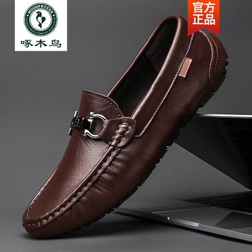 Woodpecker brand men's shoes 2025 summer new youth beanie shoes men's genuine leather British trendy leather shoes men's breathable shoes black metal buckle summer hole 9905 42 feet length 26cm