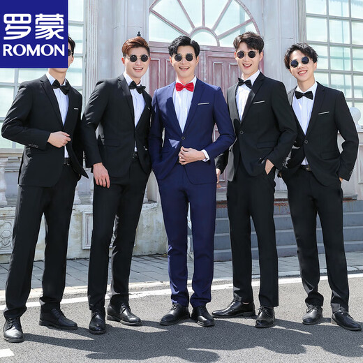 Vestidos al mejor hombre de Romon, vestidos de hermanos masculinos, ropa grupal, vestidos de novia, camisas blancas, trajes, trajes de novios, chaquetas de tres piezas, chaleco azul marino de una sola pieza mejorada en verano, corbata de lazo xl