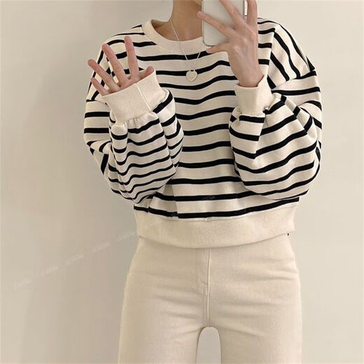 VEOX striped sweatshirt women's short 2025 new thin Korean version of niche women's loose spring, autumn and winter plus velvet top 9923 sweatshirt black thin S 65-80Jin [Jin equals 0.5 kg]